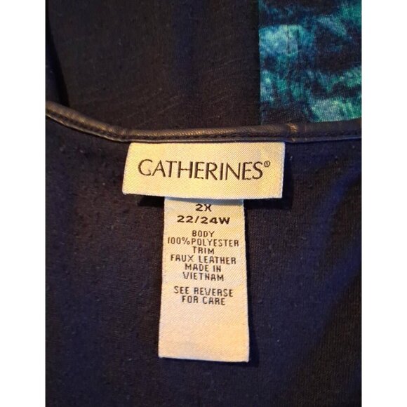 Catherines Blue Floral Tunic Top Womens 2X 22W 24W Faux Leather Trim Split back - Picture 4 of 4